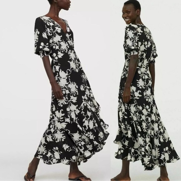 JOHANNA ORTIZ H&M COLLABORATION BLACK & WHITE ORCHID FLORAL WRAP DRESS SIZE XL - Picture 1 of 10